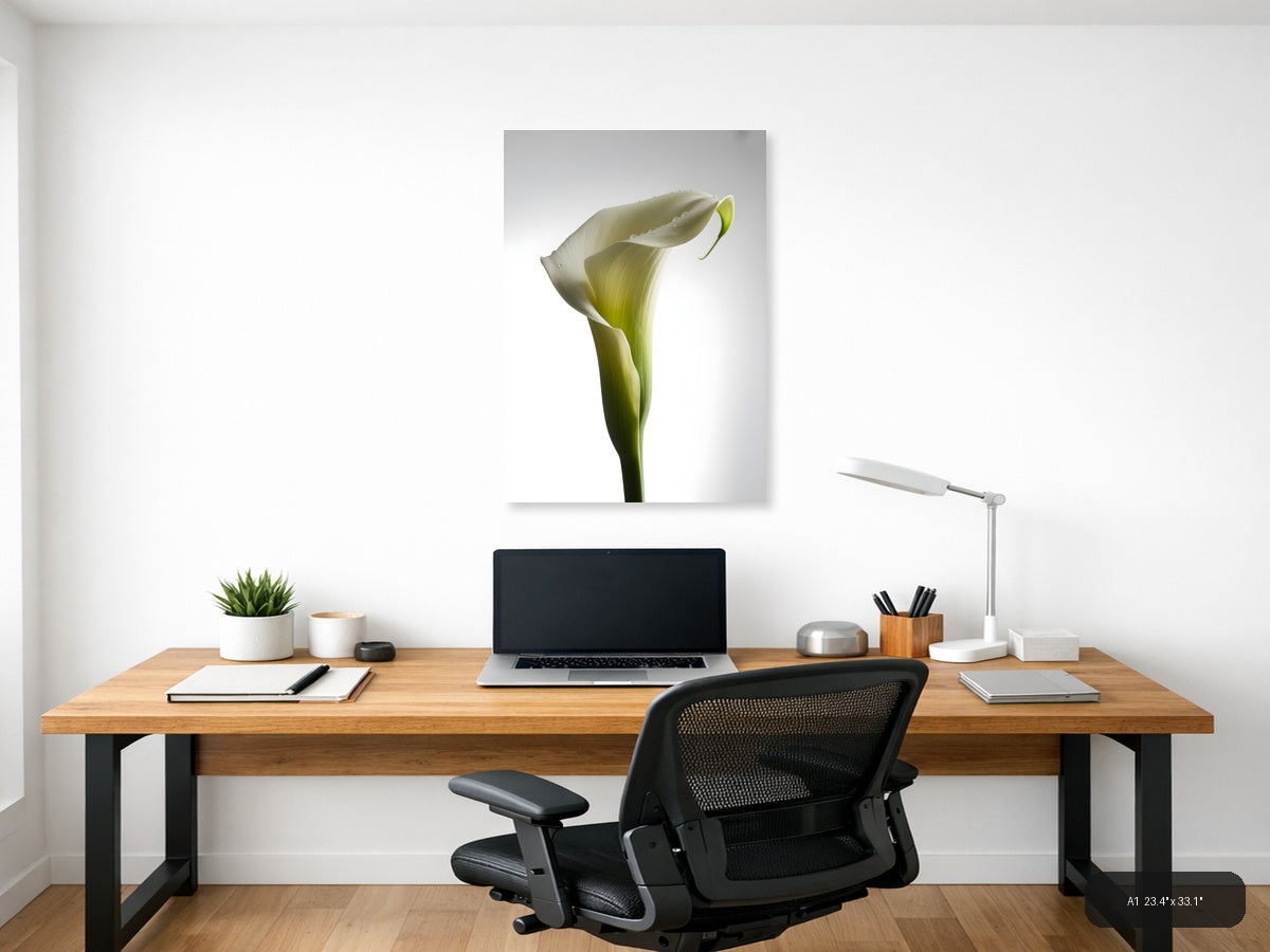White Calla Lily with Dew Drops Minimalist Wall Art — A1 / Office