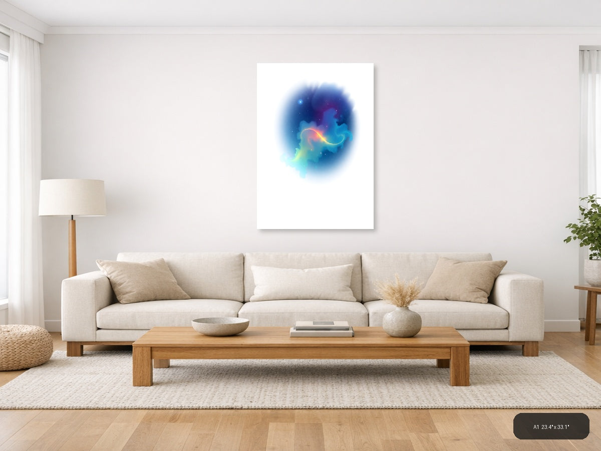 Minimalist Cosmic Nebula Blue Orange Wall Art — A1 / Living Room