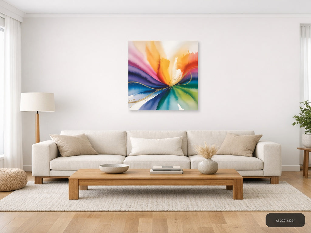 Rainbow Watercolor Wave with Gold Accents Wall Art — A2 / Living Room