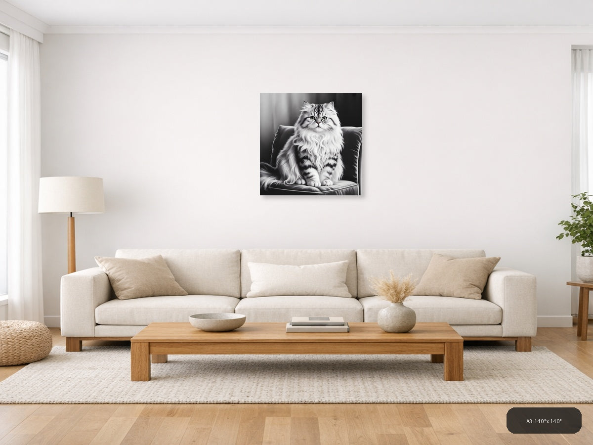 Majestic Fluffy Cat Portrait Black and White Wall Art — A3 / Living Room