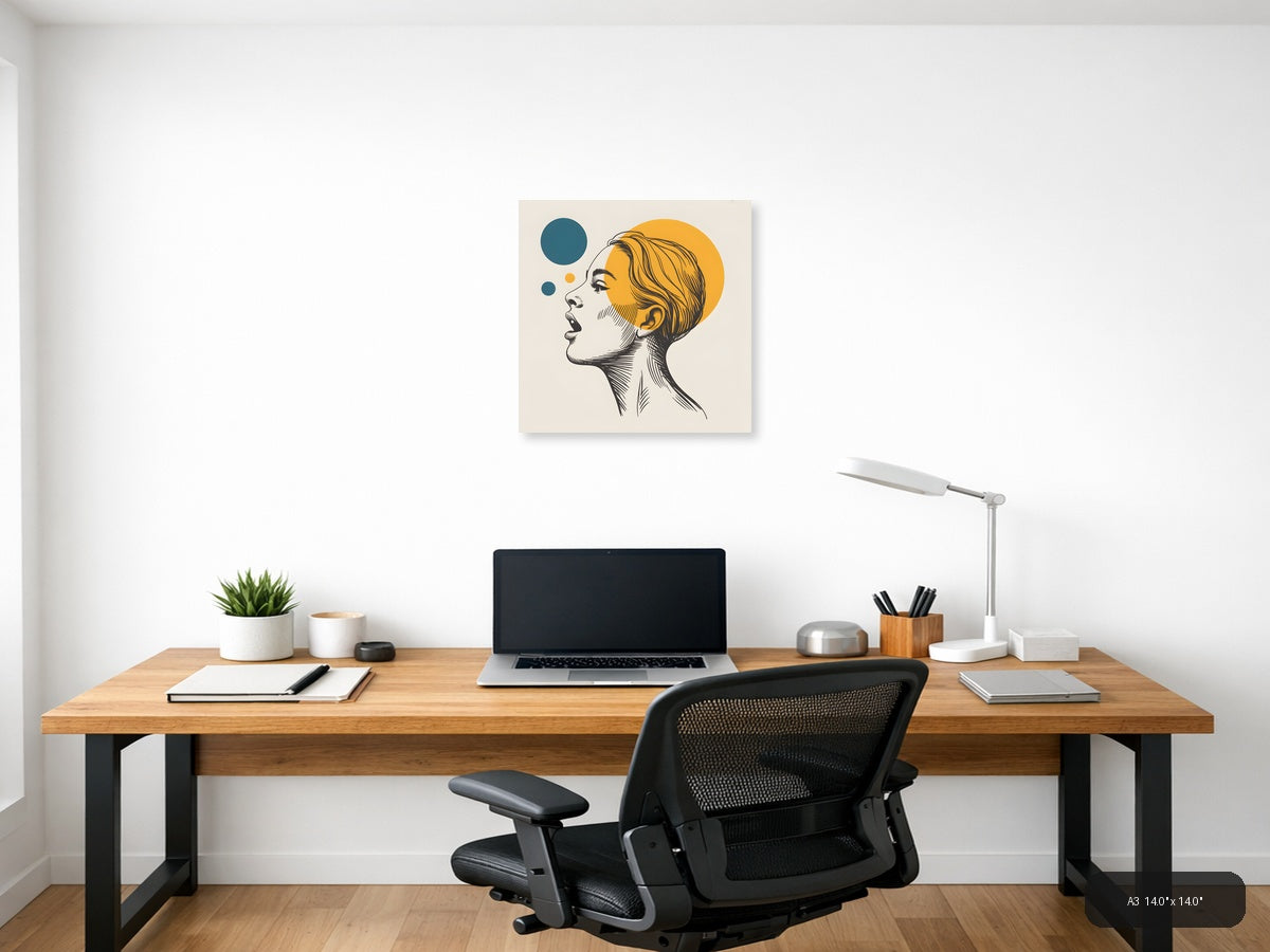 Modern Line Art Portrait with Yellow Circle Wall Art — A3 / Office