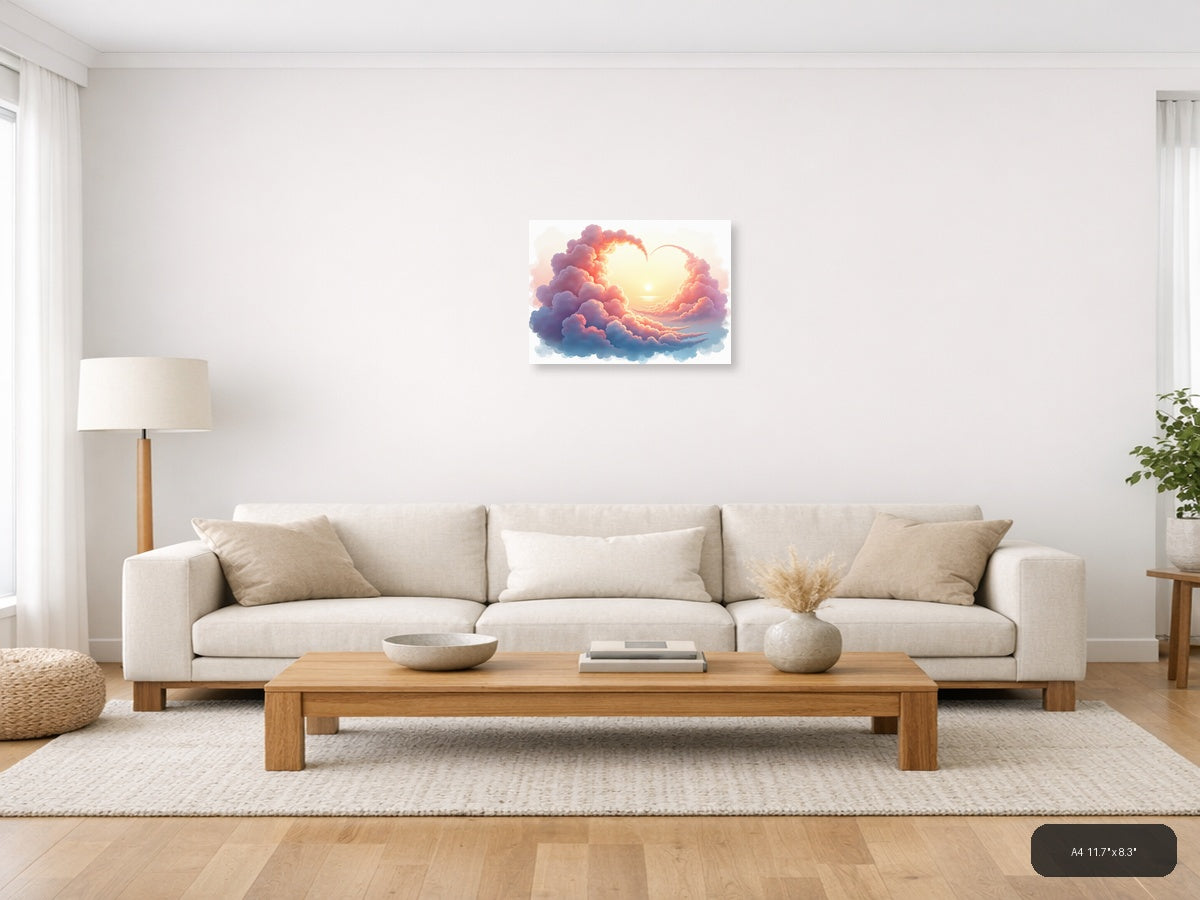 Sunset Heart Clouds Watercolor Landscape Wall Art — A4 / Living Room