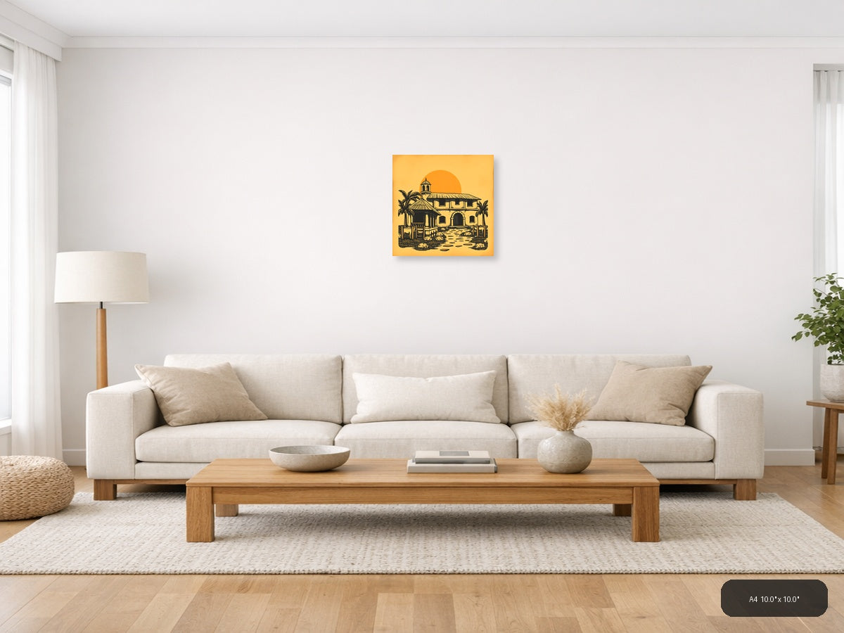 Vintage Desert Mission Church with Palm Trees Wall Art — A4 / Living Room