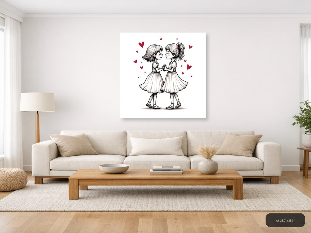 Two Girls Holding Hands Line Art with Hearts Wall Art — A1 / Living Room