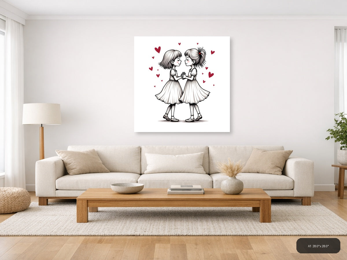 Two Girls Holding Hands Line Art with Hearts Wall Art — A1 / Living Room