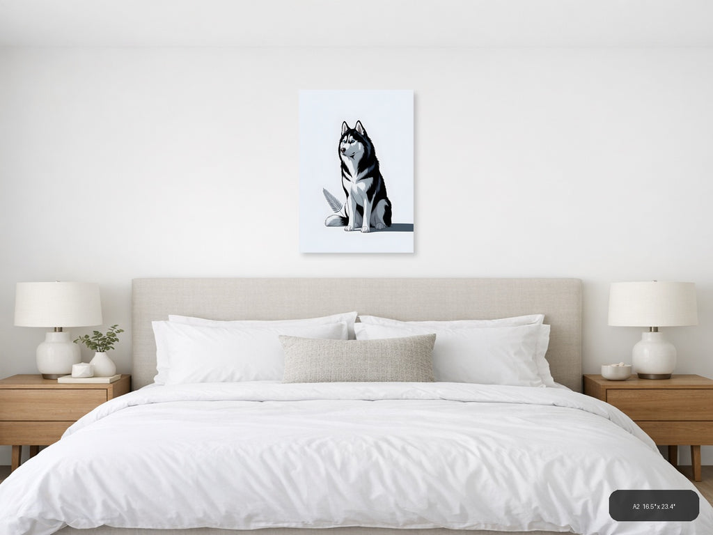 Minimalist Husky Portrait Black White Wall Art — A2 / Bedroom