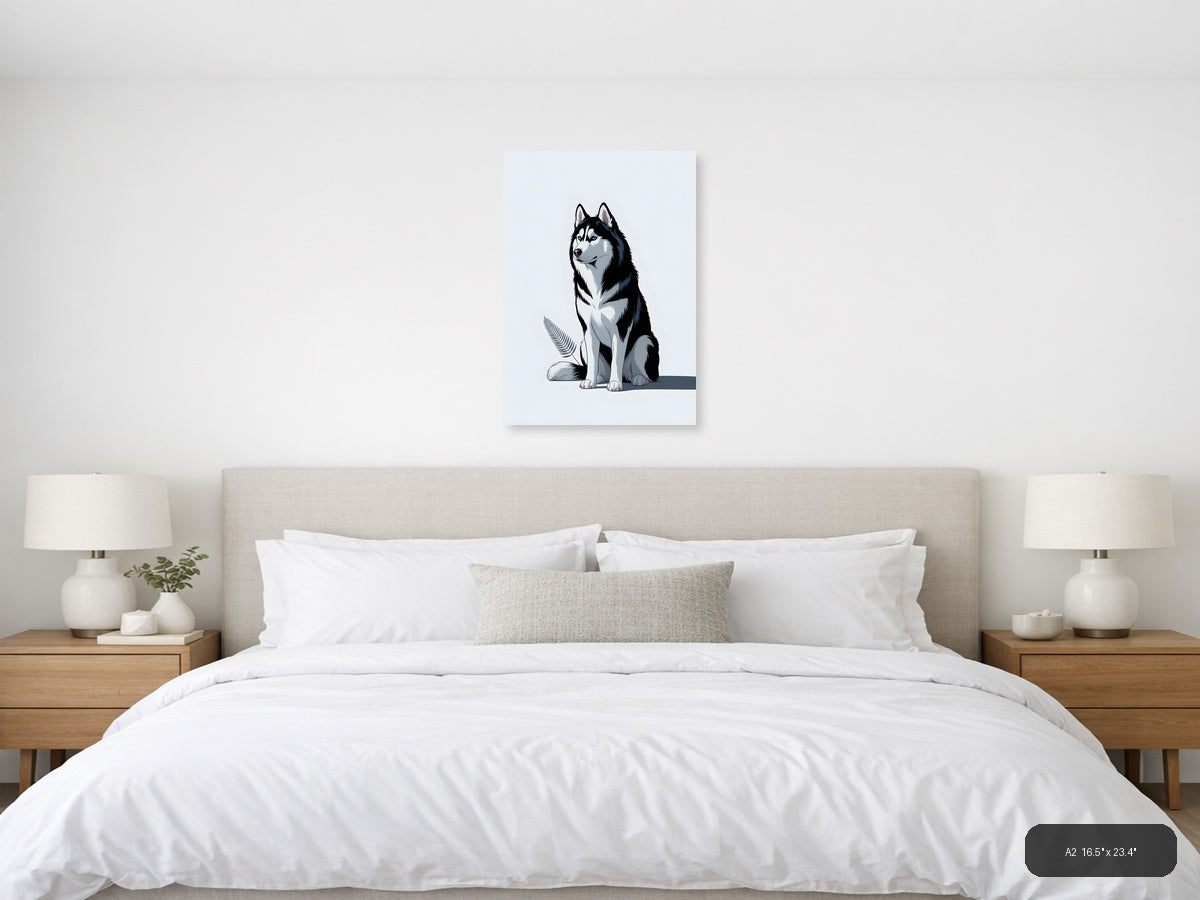 Minimalist Husky Portrait Black White Wall Art — A2 / Bedroom