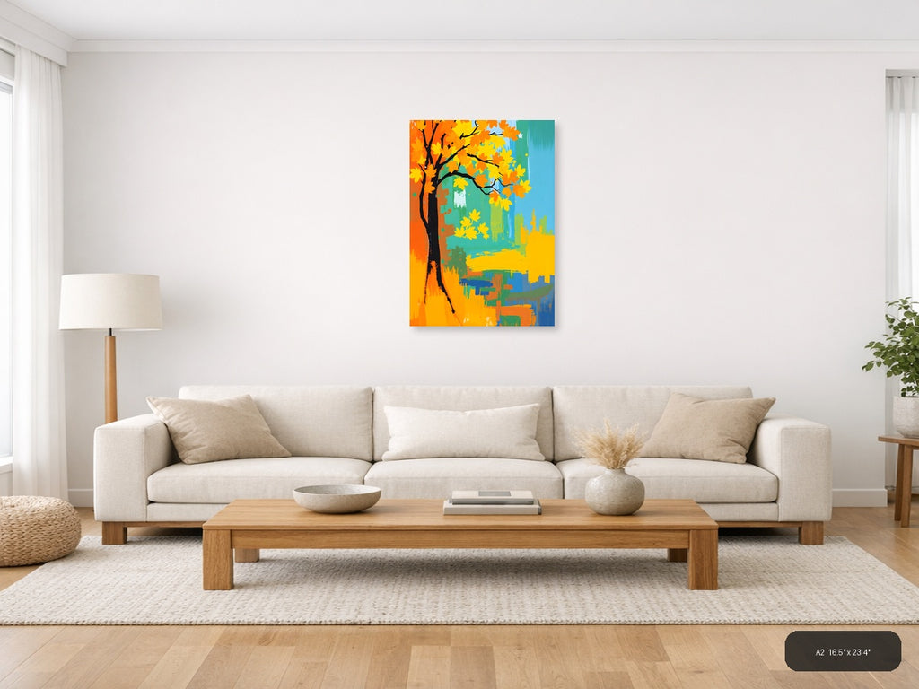Abstract Autumn Tree with Golden Leaves Wall Art — A2 / Living Room