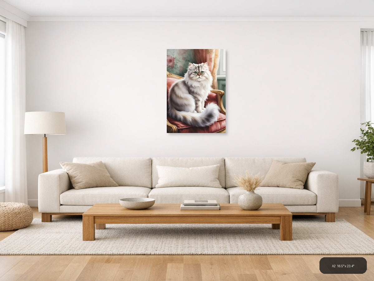 Fluffy White Cat Portrait Watercolor Wall Art — A2 / Living Room