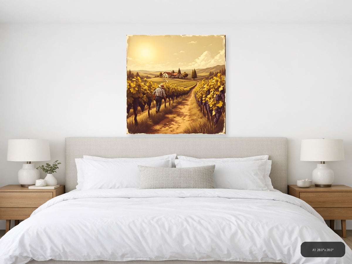 Vintage Vineyard Harvest Farmer Walking Path Wall Art — A1 / Bedroom