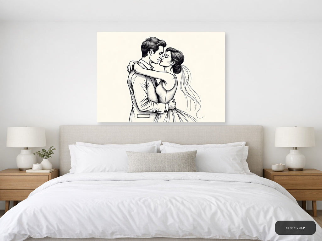 Romantic Couple Embracing Line Art Wall Art — A1 / Bedroom