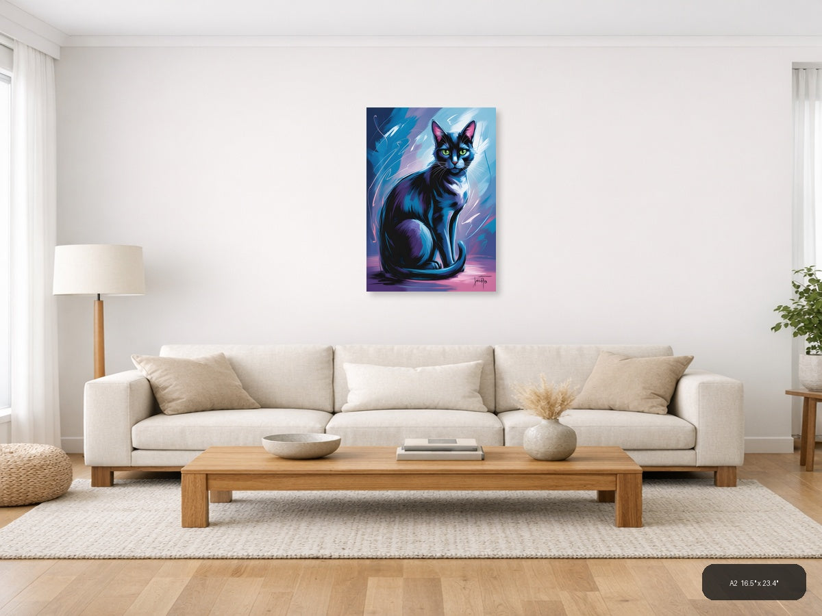 Abstract Blue Cat with Neon Eyes Portrait Wall Art — A2 / Living Room
