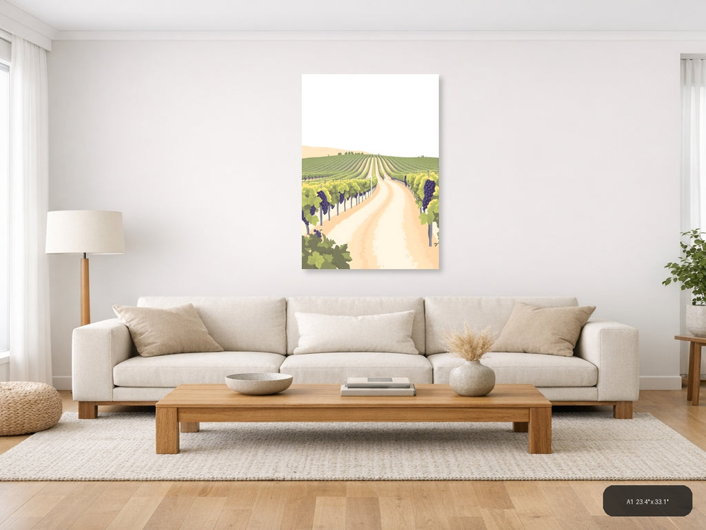 Minimalist Vineyard Landscape with Purple Grapes Wall Art — A1 / Living Room