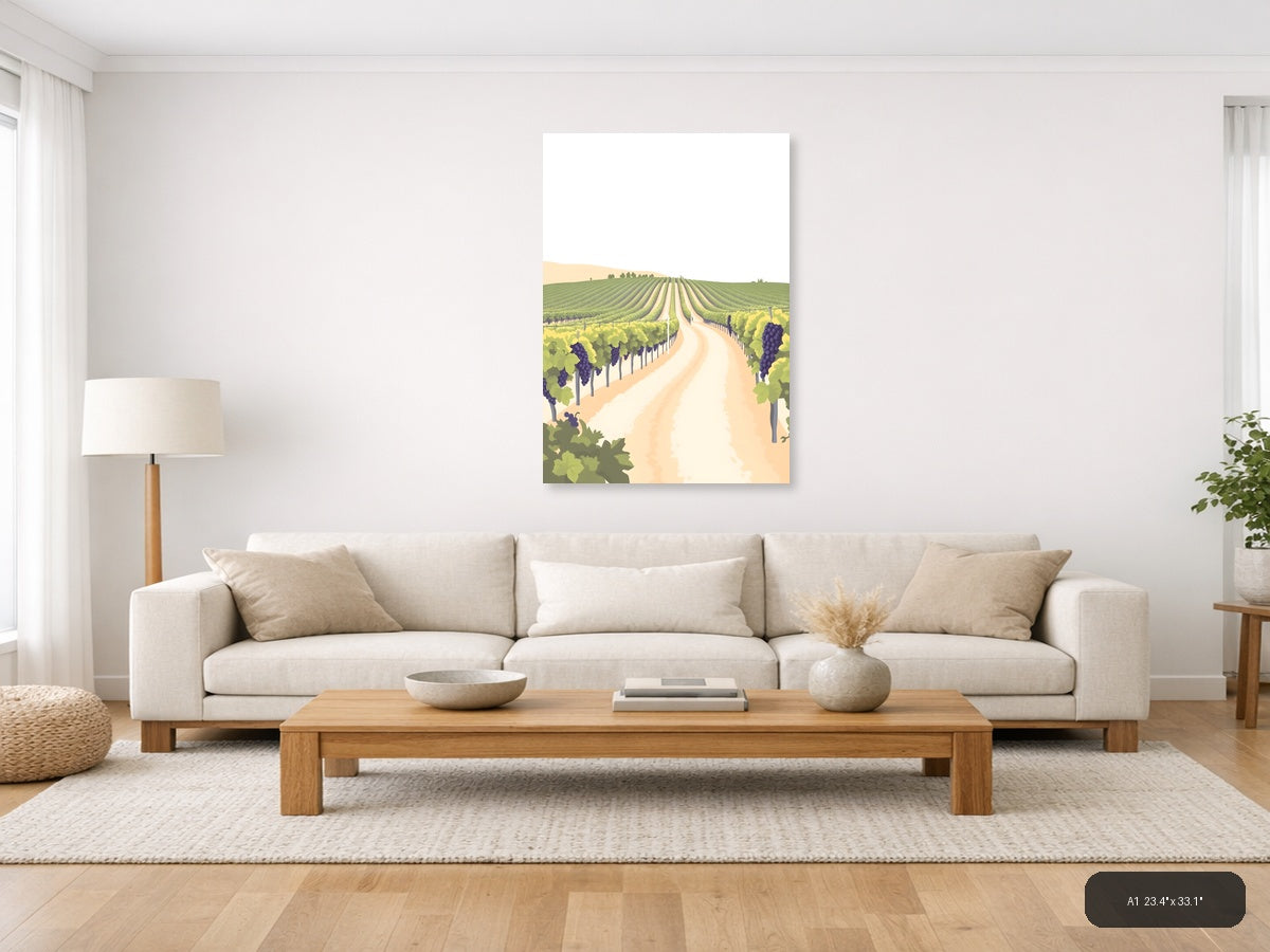 Minimalist Vineyard Landscape with Purple Grapes Wall Art — A1 / Living Room