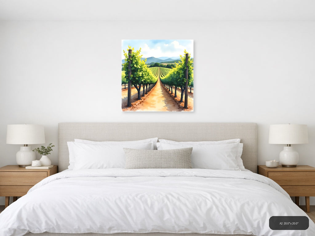 Vineyard Rows Watercolor Landscape Wall Art — A2 / Bedroom