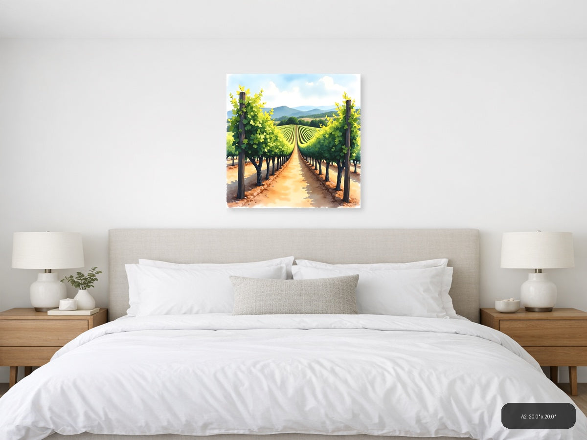 Vineyard Rows Watercolor Landscape Wall Art — A2 / Bedroom