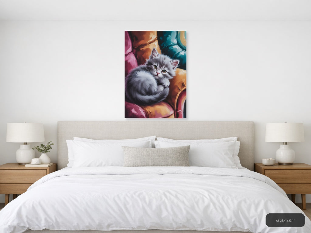 Fluffy White Kitten Abstract Colorful Wall Art — A1 / Bedroom