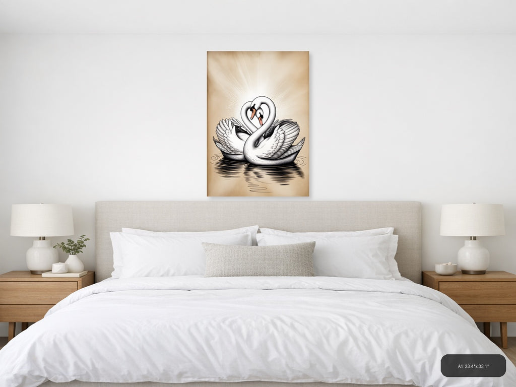 Two Swans Heart Shape Line Art Wall Art — A1 / Bedroom