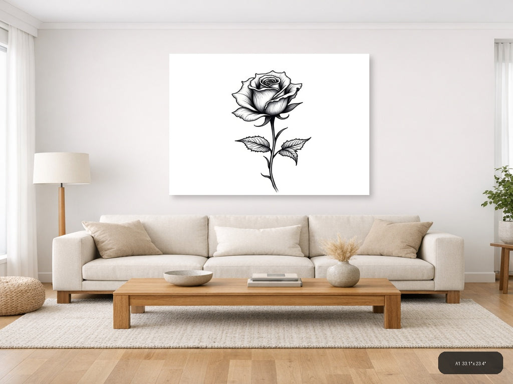 Black Rose Line Art Botanical Sketch Wall Art — A1 / Living Room