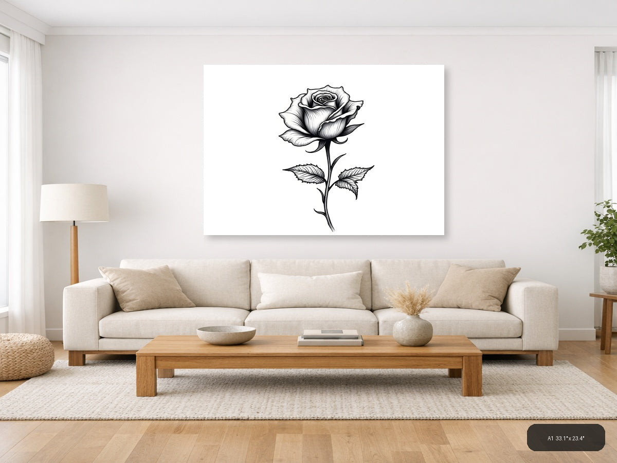 Black Rose Line Art Botanical Sketch Wall Art — A1 / Living Room