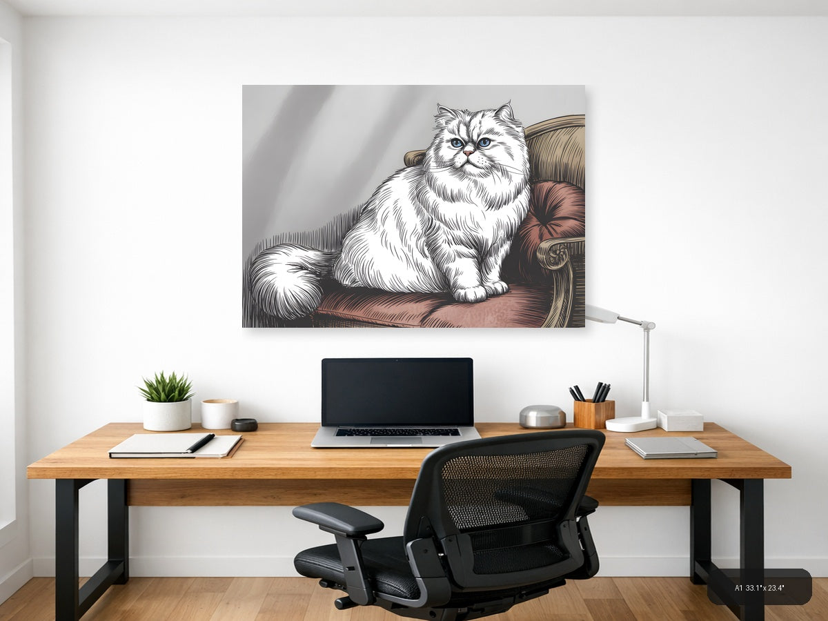 White Fluffy Cat with Blue Eyes Line Art Wall Art — A1 / Office
