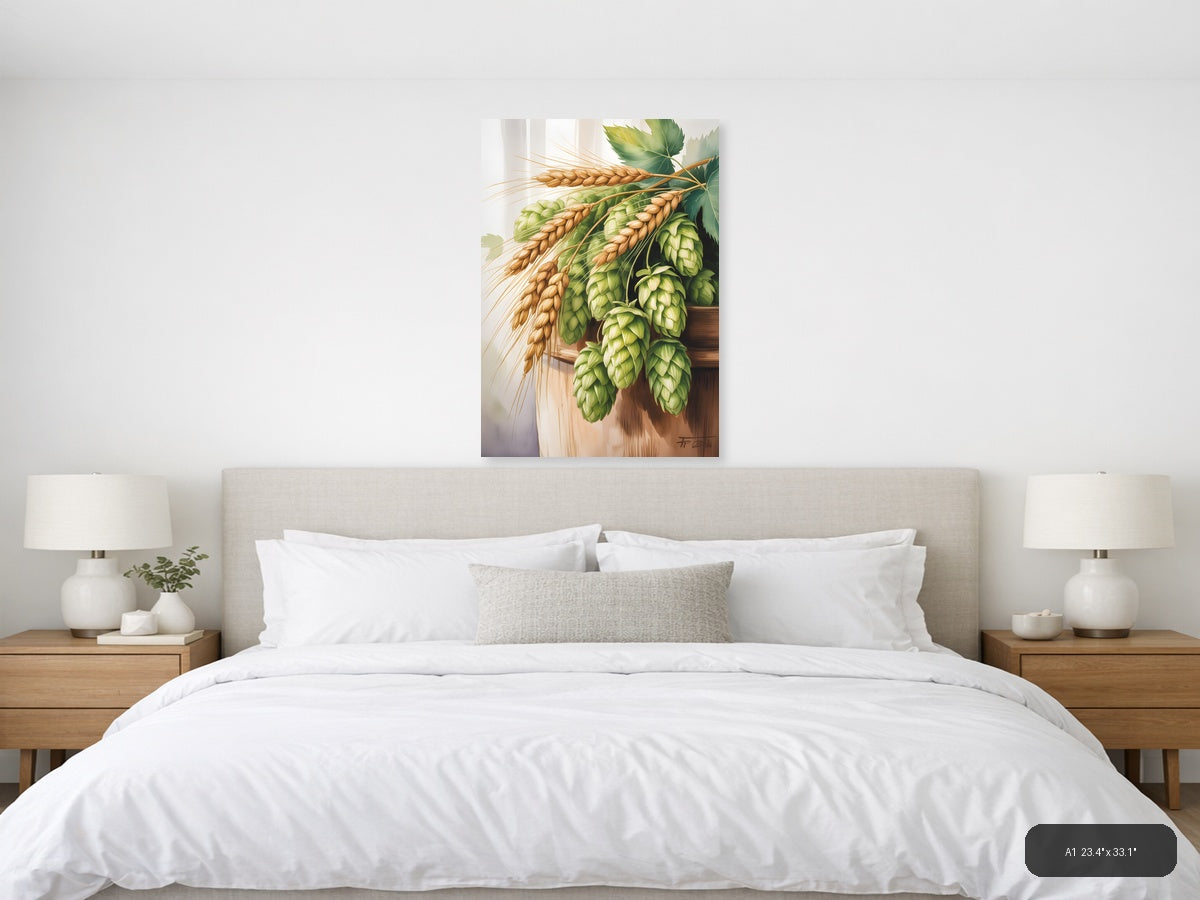Wheat and Hops Watercolor Botanical Wall Art — A1 / Bedroom