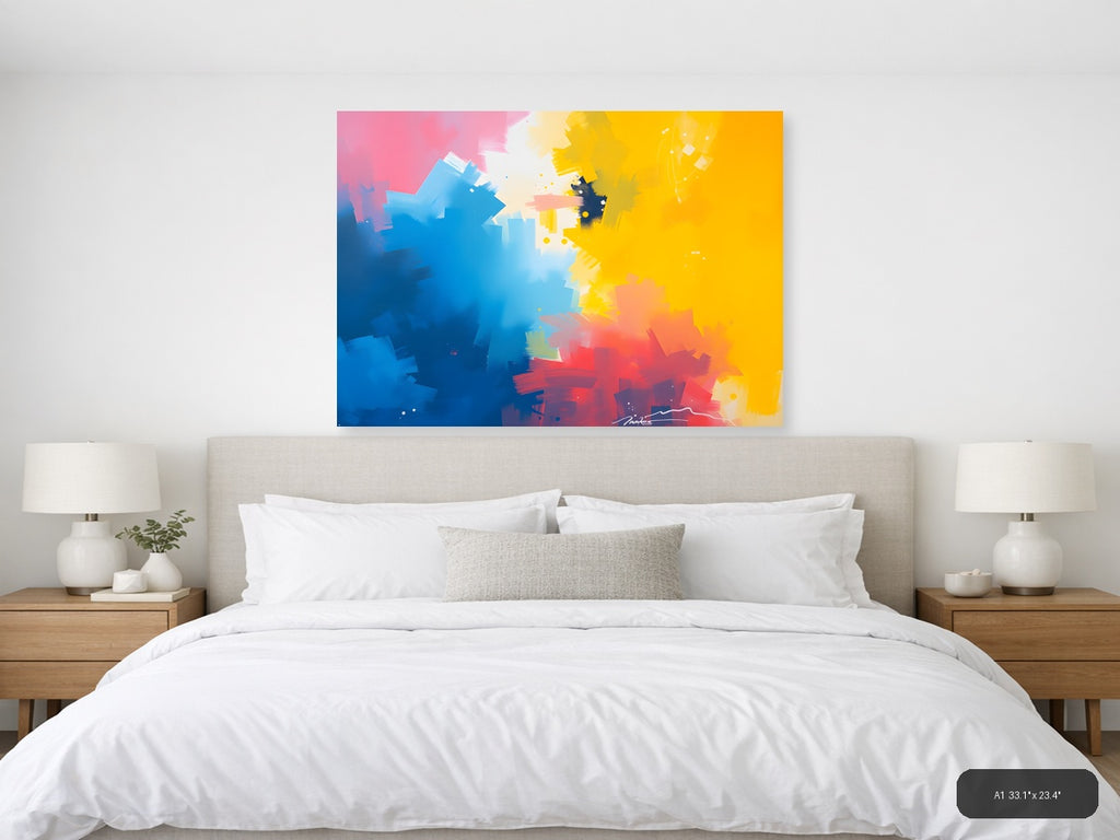 Blue Yellow Red Abstract Brushstrokes Modern Wall Art — A1 / Bedroom