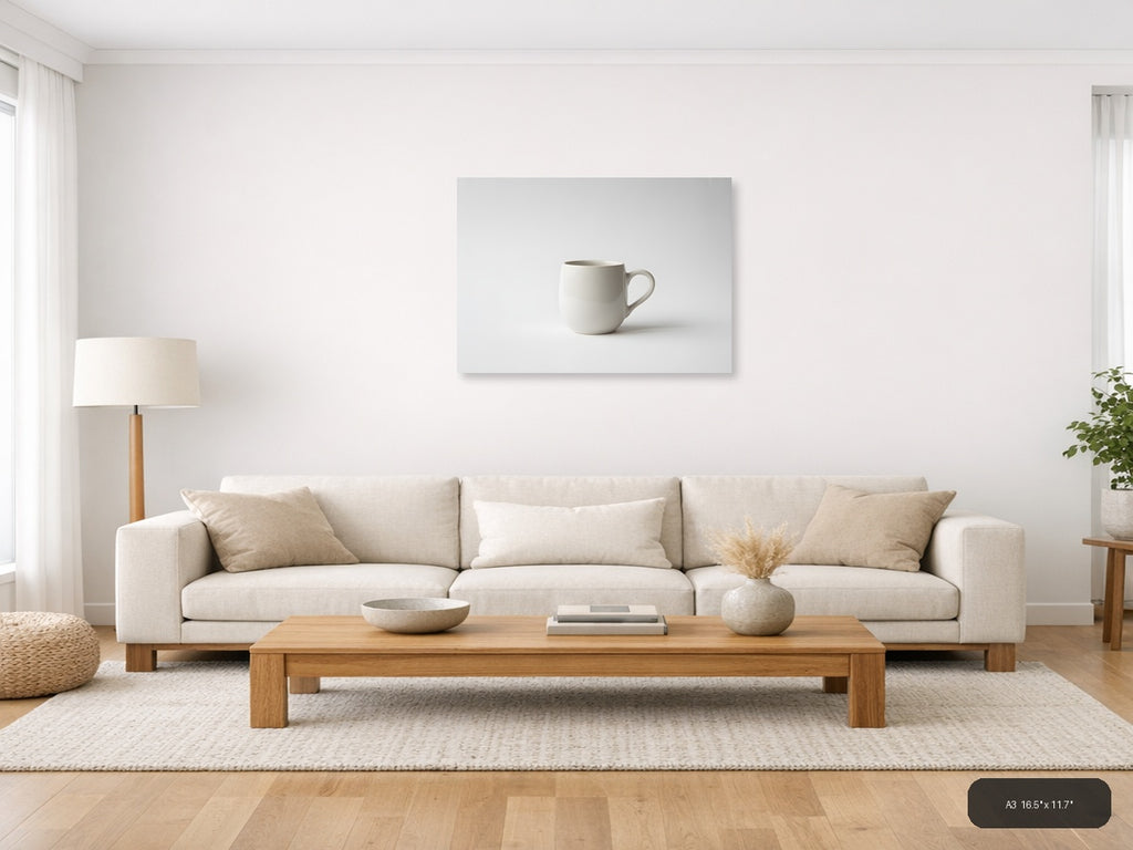 Minimalist White Ceramic Mug Still Life Wall Art — A3 / Living Room
