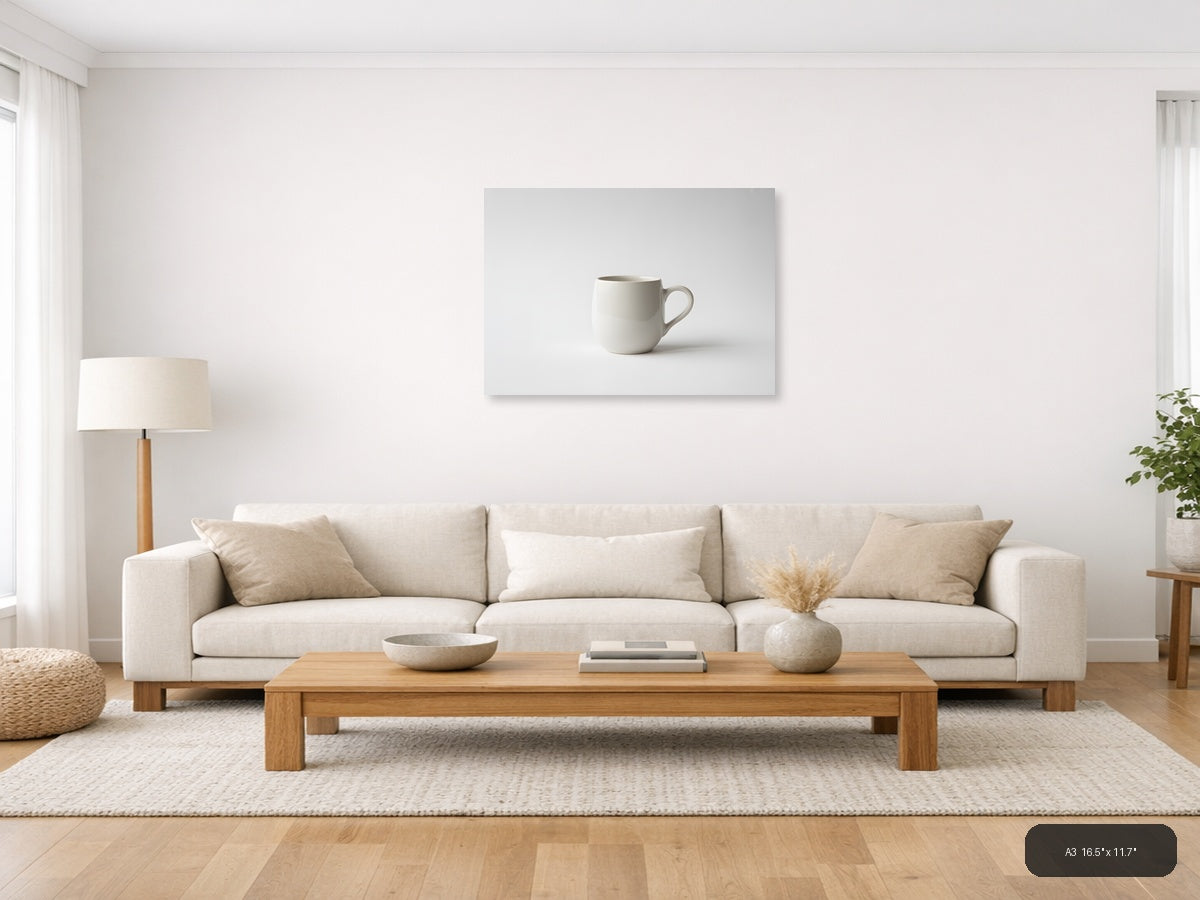 Minimalist White Ceramic Mug Still Life Wall Art — A3 / Living Room