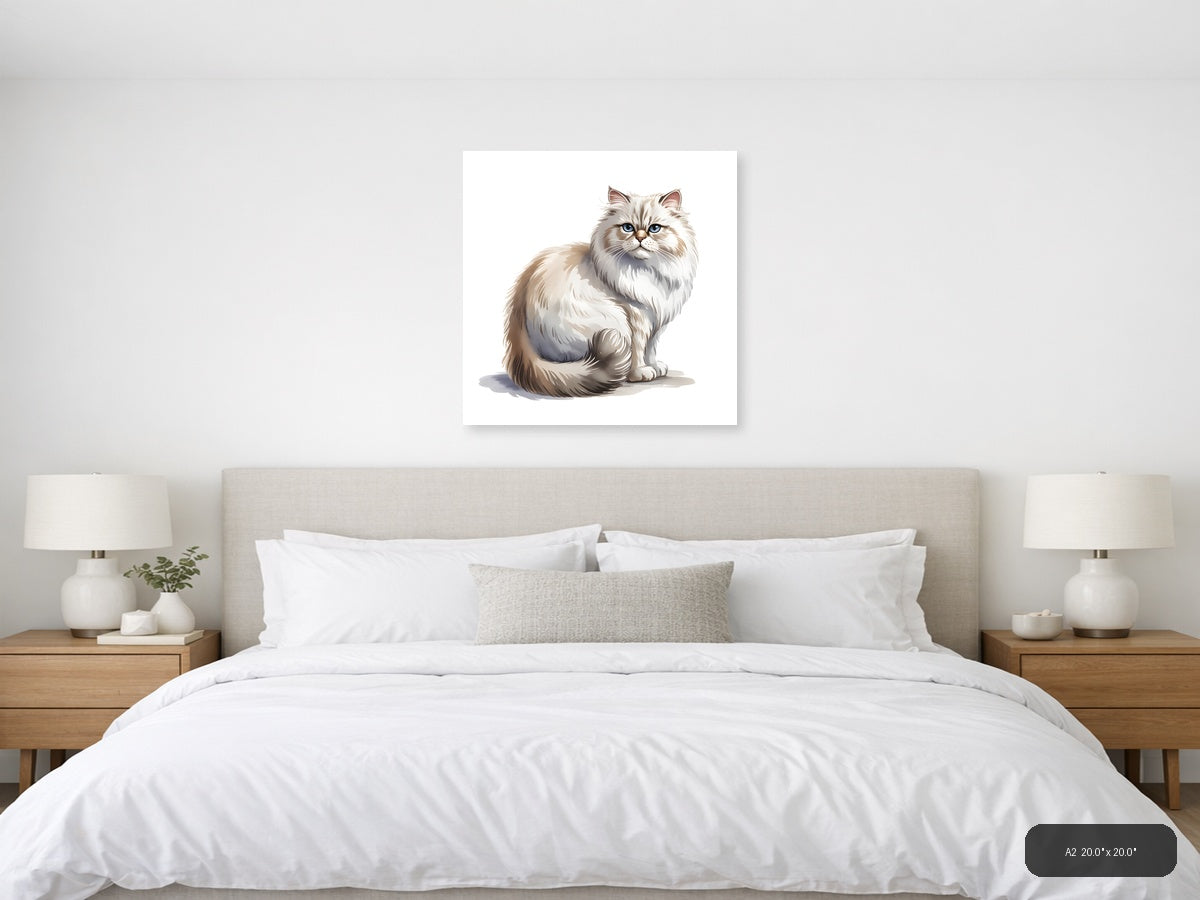 Fluffy White Cat with Blue Eyes Minimalist Wall Art — A2 / Bedroom