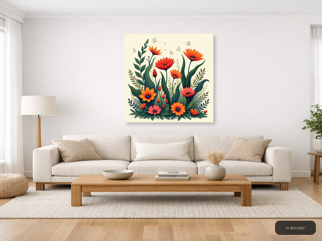 Red Orange Gerbera Daisies Botanical Square Wall Art — A1 / Living Room