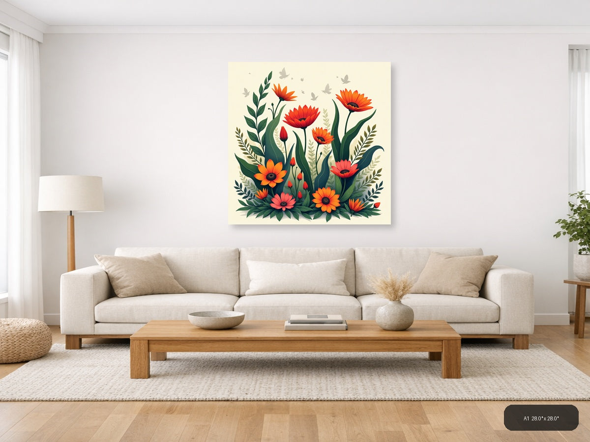 Red Orange Gerbera Daisies Botanical Square Wall Art — A1 / Living Room