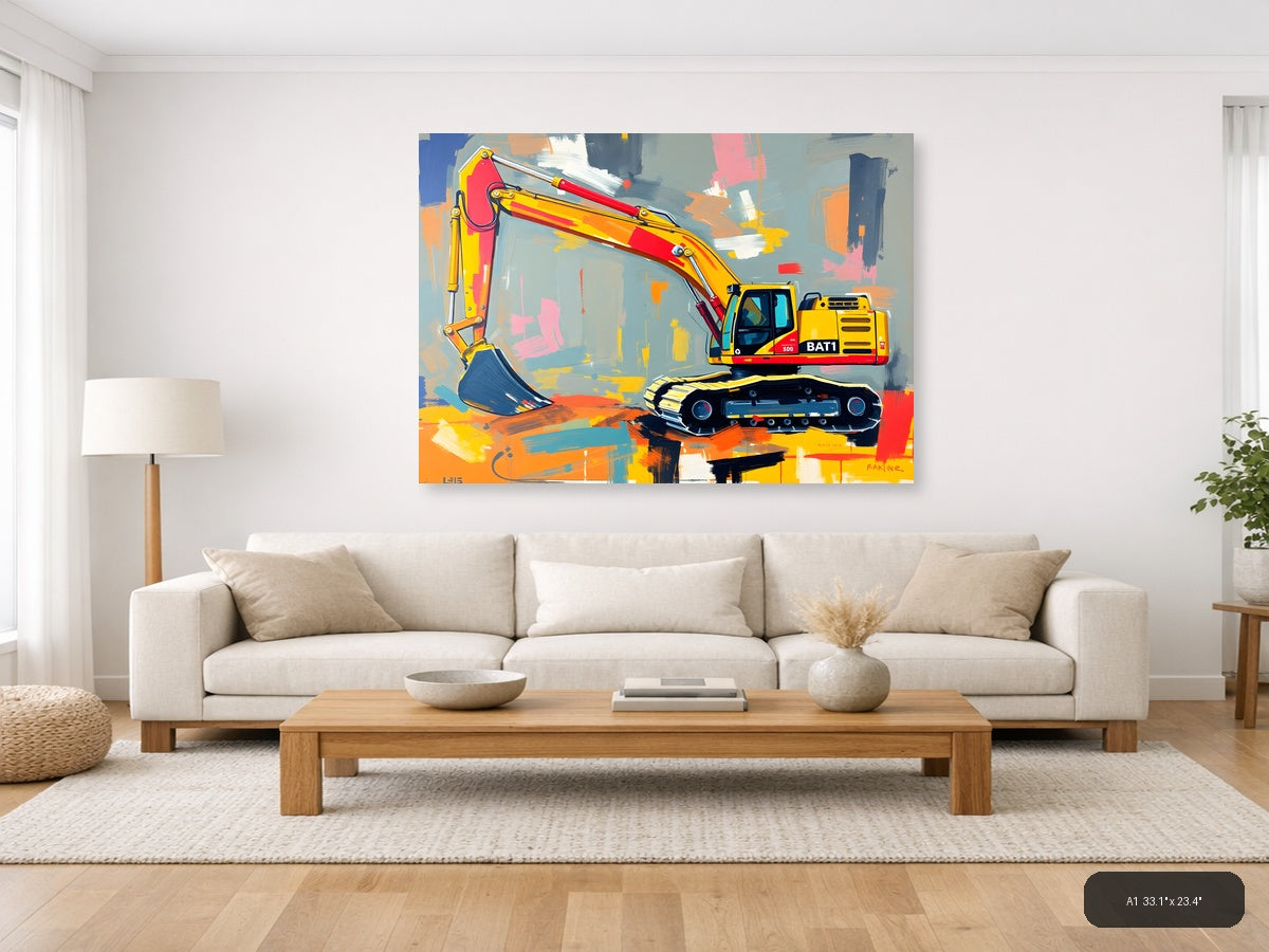 Yellow Excavator Abstract Construction Wall Art — A1 / Living Room