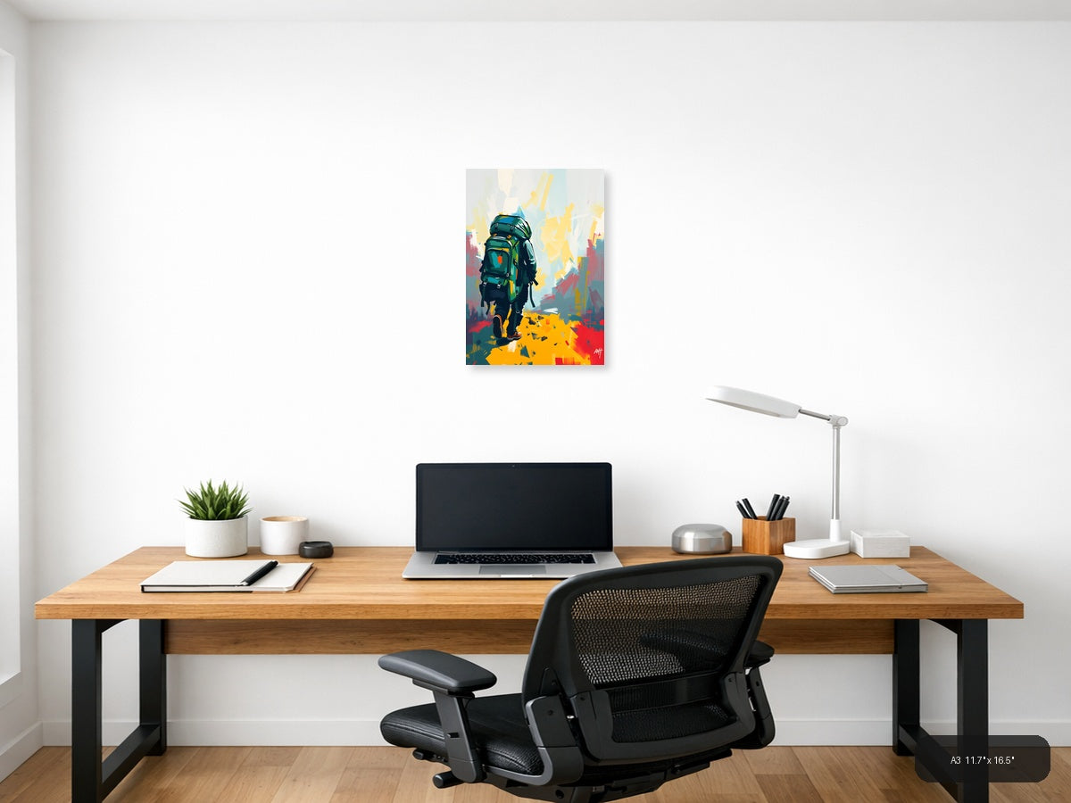 Abstract Hiker with Green Backpack Portrait Wall Art — A3 / Office