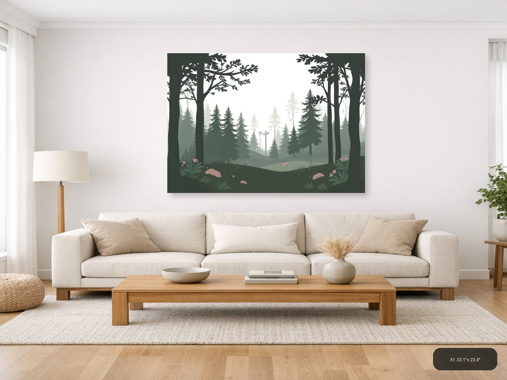 Misty Forest Cross Minimalist Landscape Wall Art — A1 / Living Room