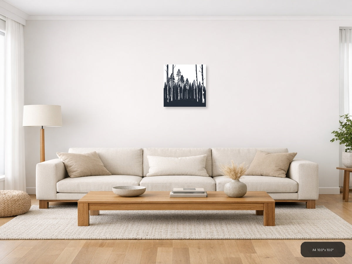 Minimalist Forest Silhouette Black and White Wall Art — A4 / Living Room