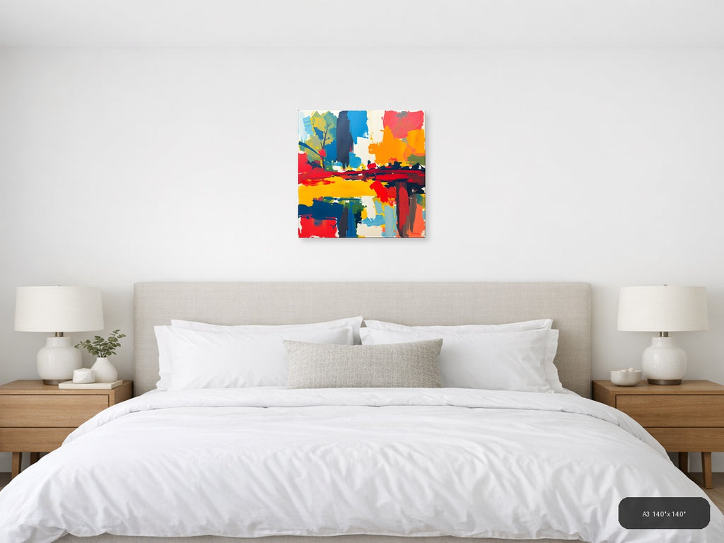Vibrant Abstract Landscape with Blue Tower Wall Art — A3 / Bedroom