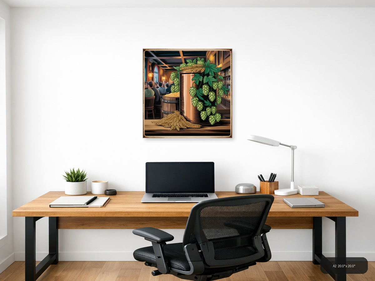 Vintage Brewery Scene with Hops & Barrel Wall Art — A2 / Office