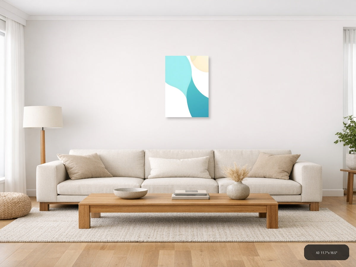 Minimalist Turquoise and Cream Abstract Curves Wall Art — A3 / Living Room