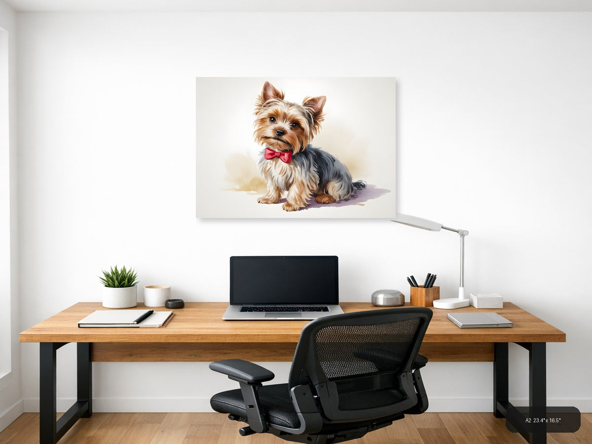 Stylish Yorkie with Pink Bow Watercolor Wall Art — A2 / Office