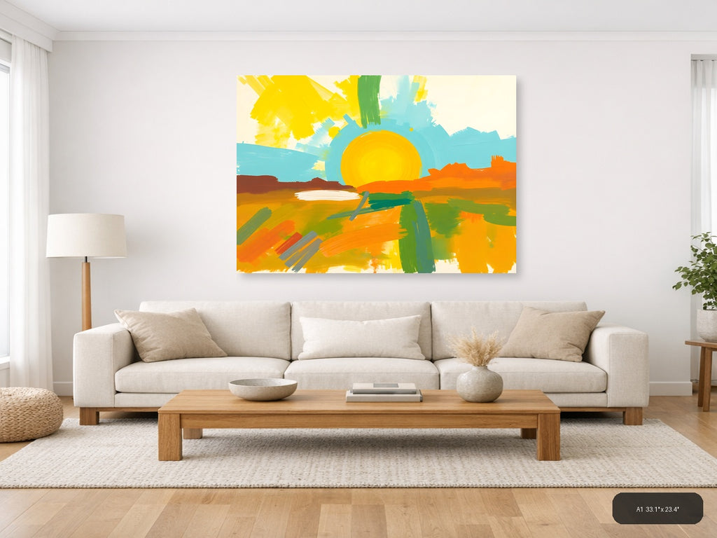 Abstract Sunset Landscape with Yellow Sun Wall Art — A1 / Living Room