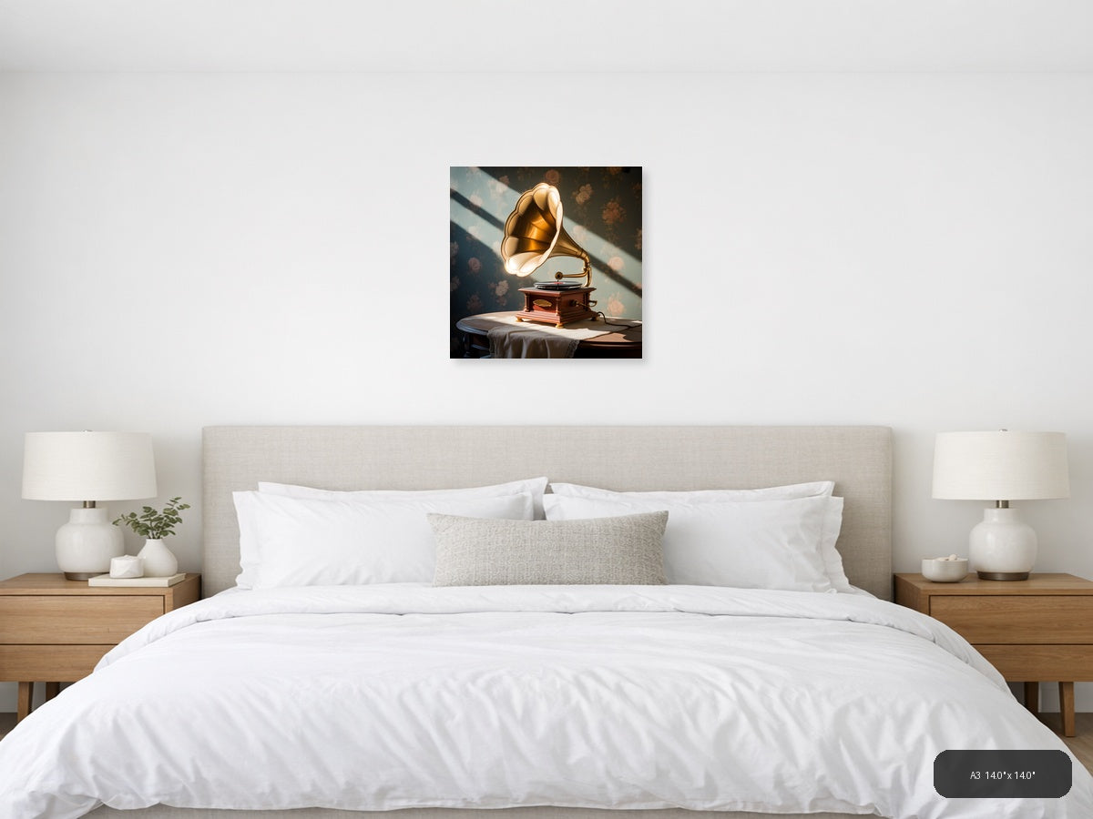Vintage Gramophone Golden Horn Illustration Wall Art — A3 / Bedroom