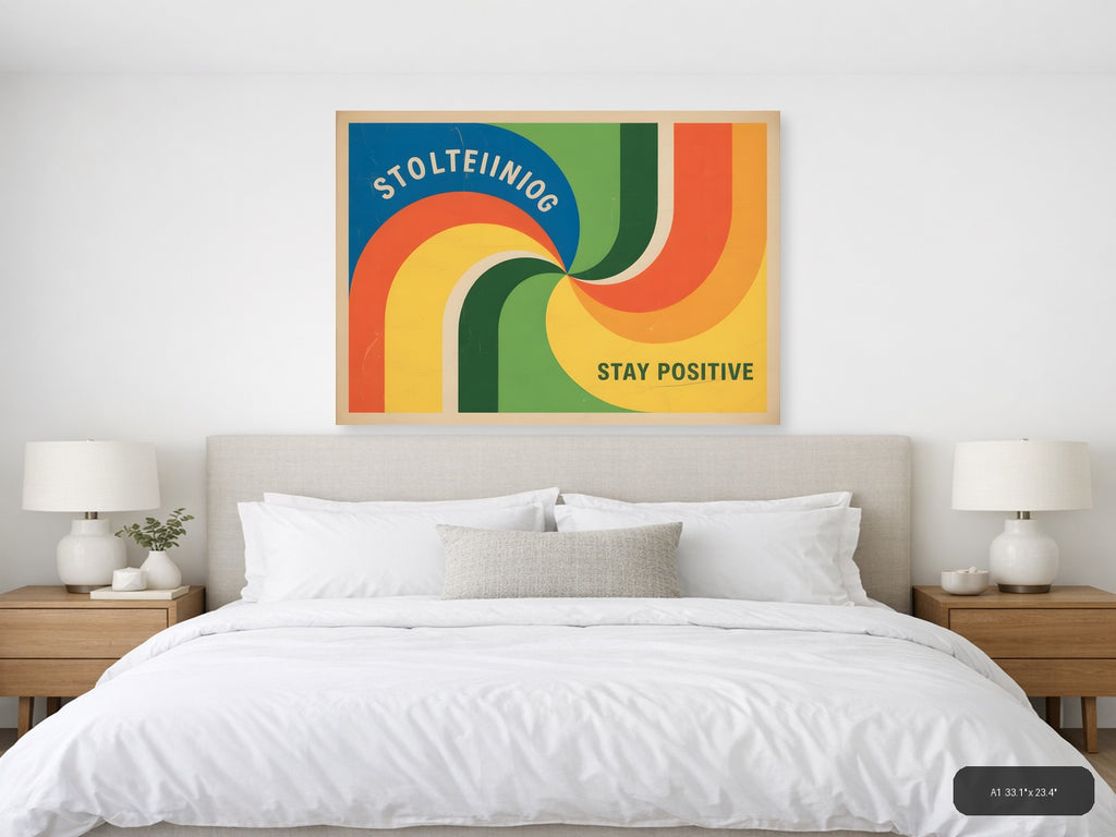 Vintage Retro Rainbow Curves 'Stay Positive' Wall Art — A1 / Bedroom
