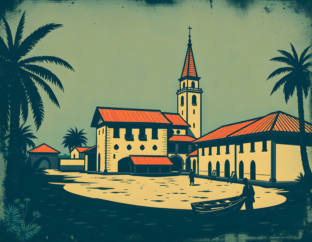 Vintage Tropical Church Landscape Wall Art