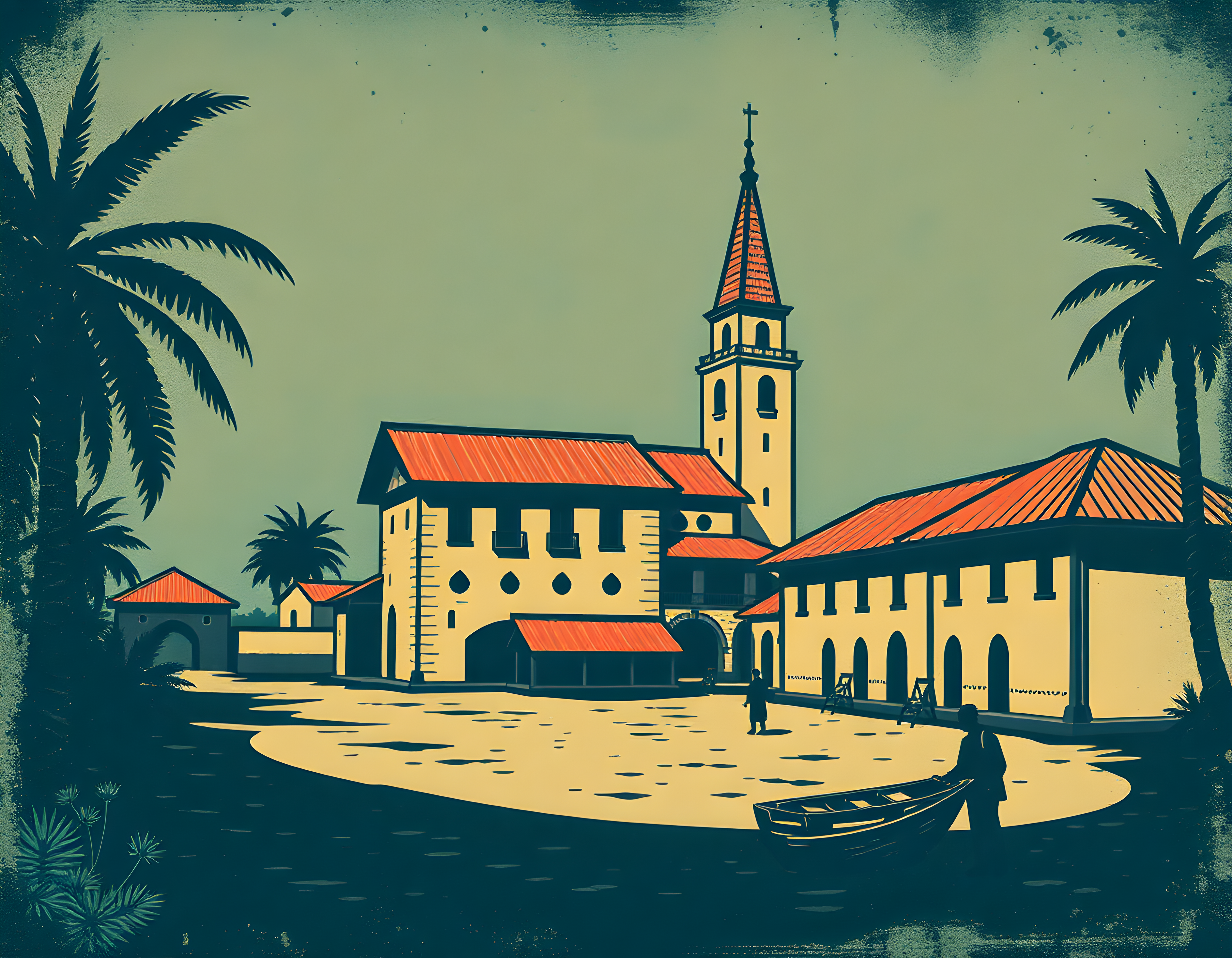 Vintage Tropical Church Landscape Wall Art