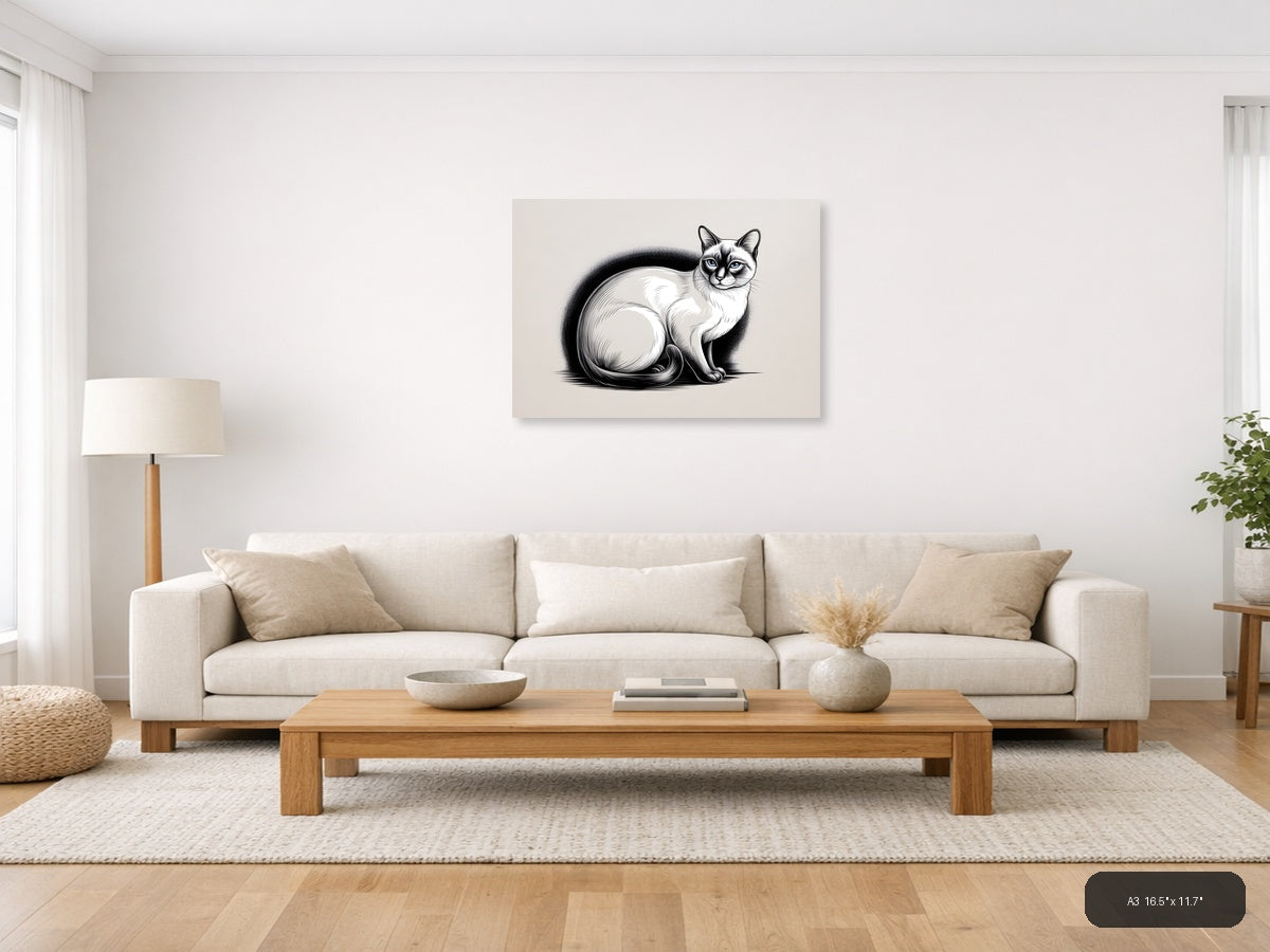 Siamese Cat with Fluffy Tail Line Art Wall Art — A3 / Living Room