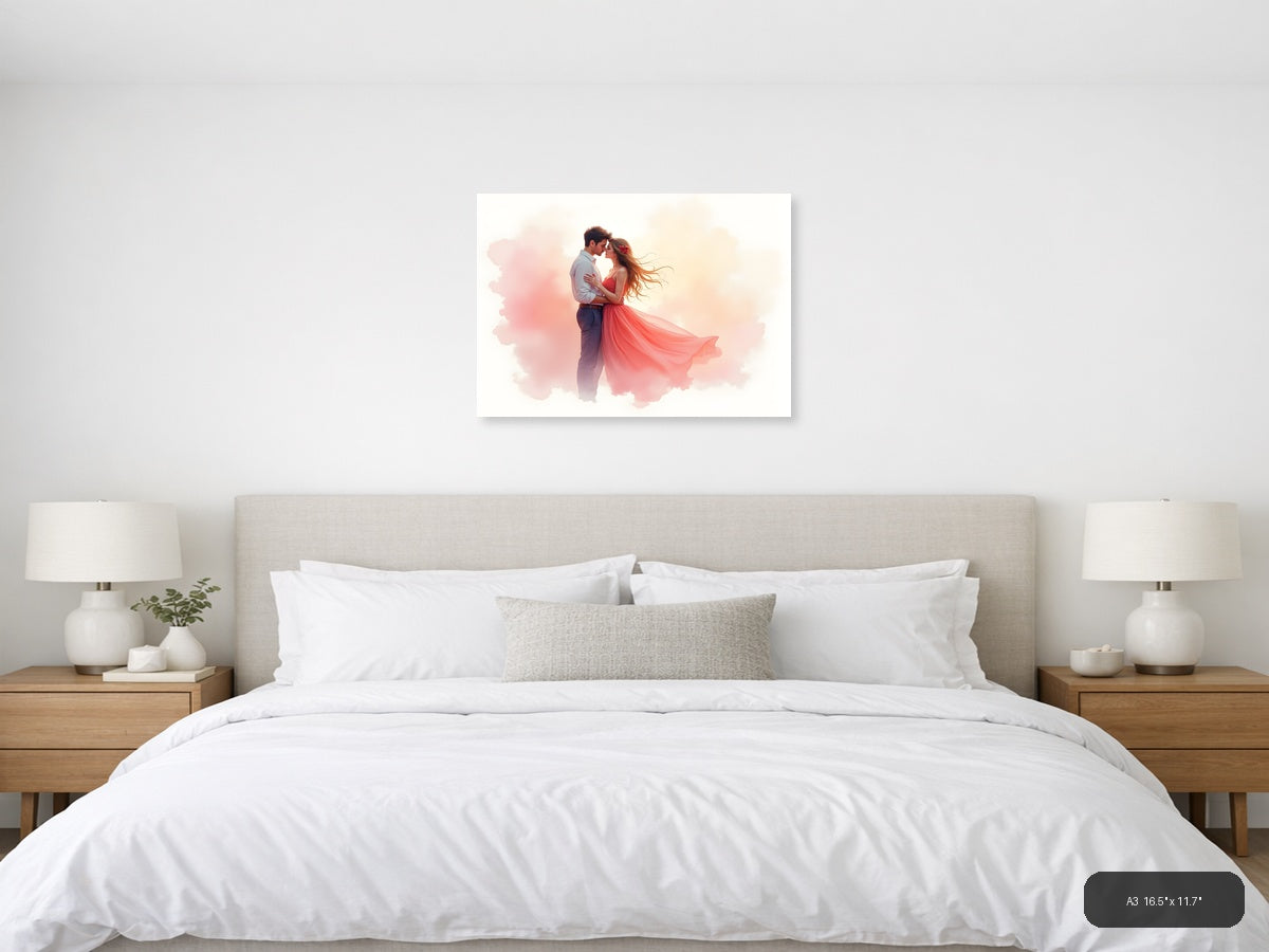 Romantic Couple Watercolor Illustration Wall Art — A3 / Bedroom