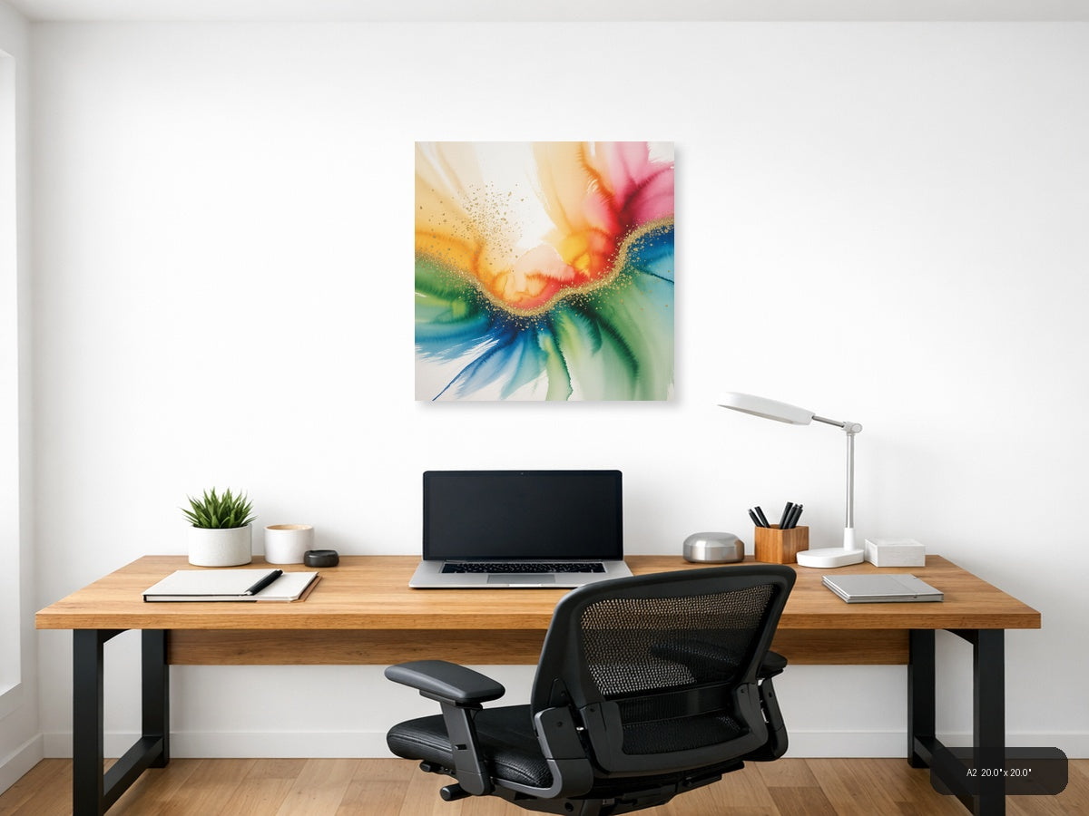 Rainbow Watercolor Flower with Gold Sparkle Wall Art — A2 / Office