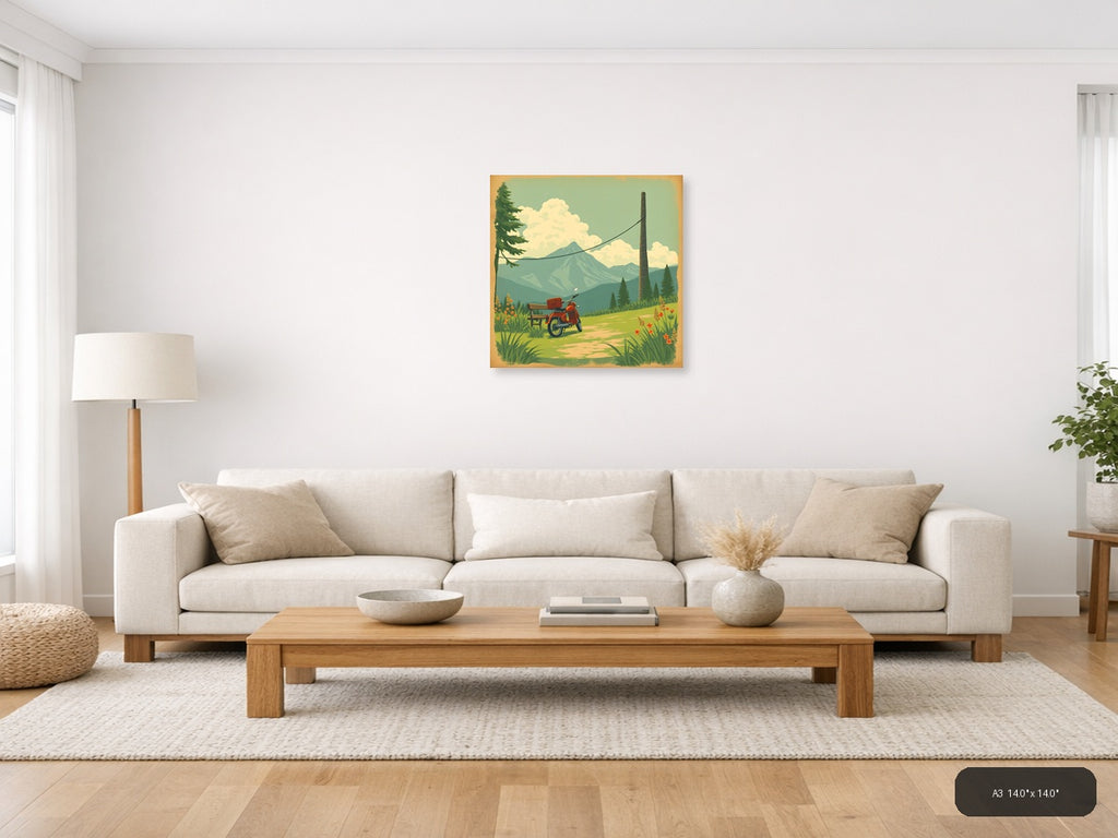 Vintage Red Scooter Mountain Landscape Wall Art — A3 / Living Room