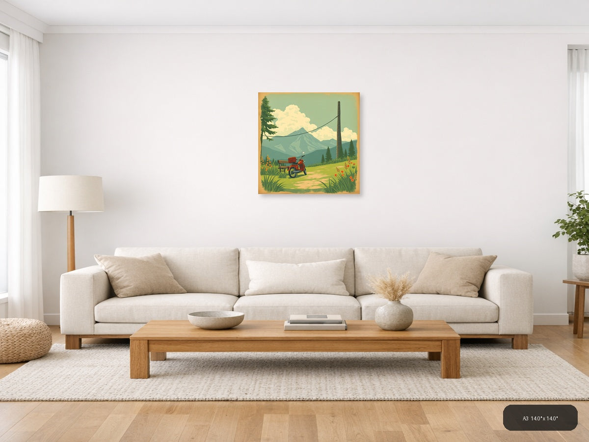 Vintage Red Scooter Mountain Landscape Wall Art — A3 / Living Room
